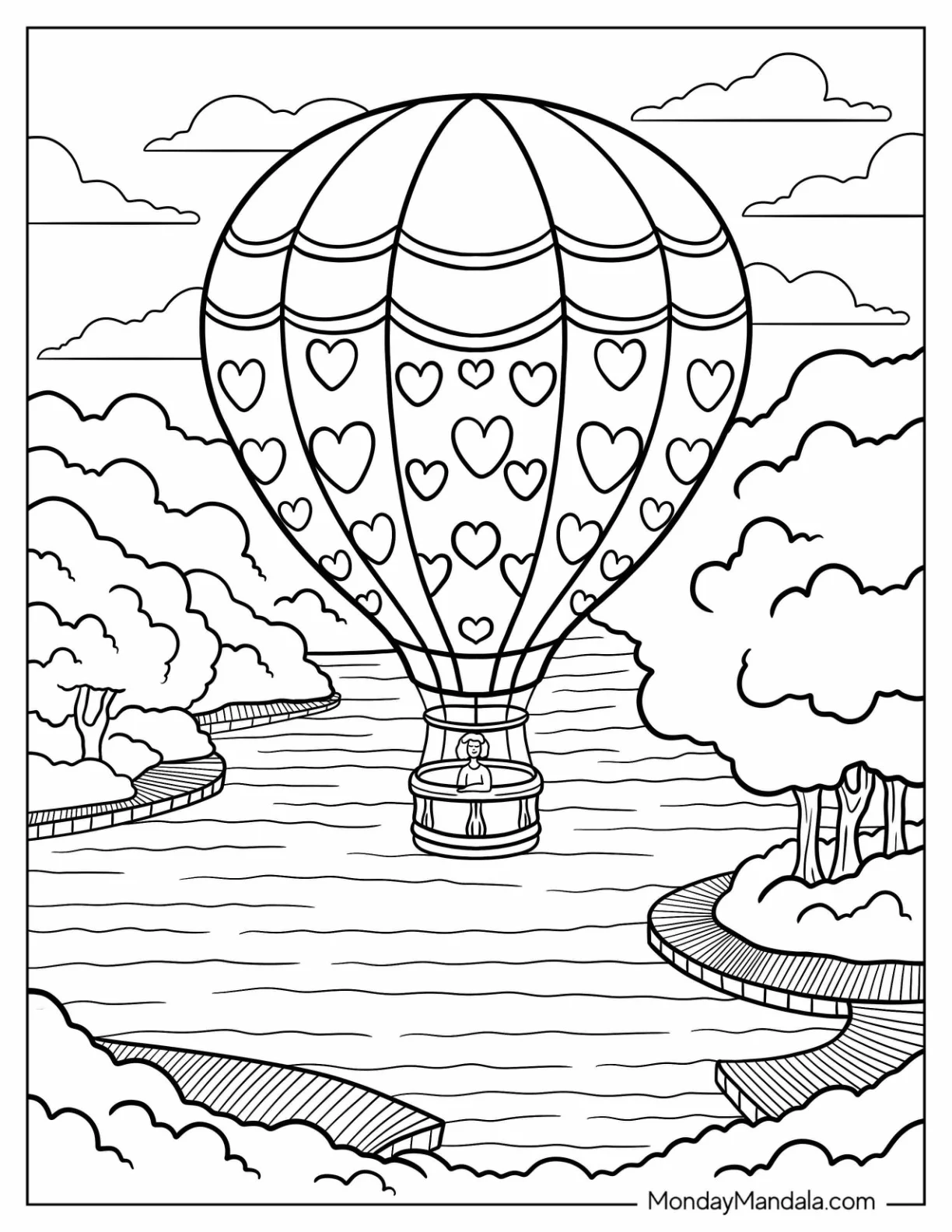 Hot Air Balloon Coloring Page with Hearts Drifting Above Peaceful River and Trees coloring page — printable line art