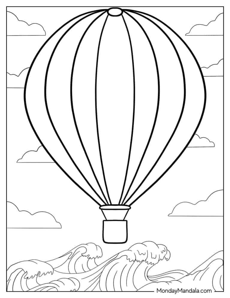 Hot Air Balloon Floating Above Waves coloring page