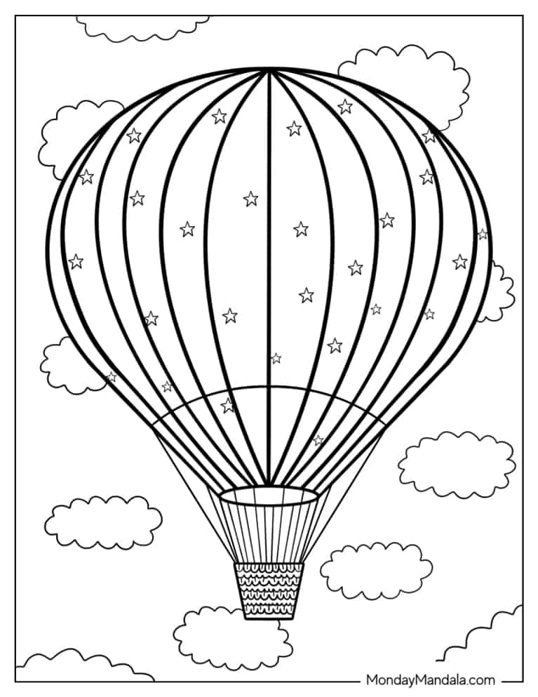 Hot Air Balloon Floating In Clouds With Stars coloring page — printable line art