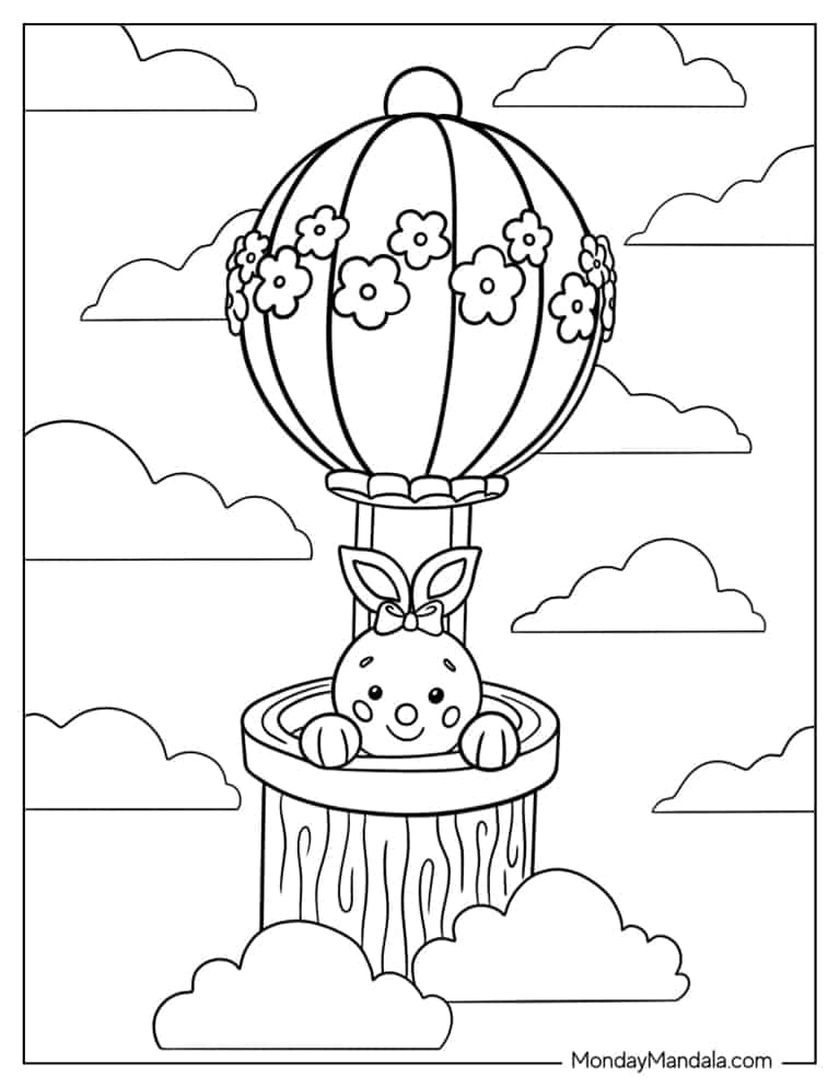 Kawaii Bunny In Hot Air Balloon coloring page