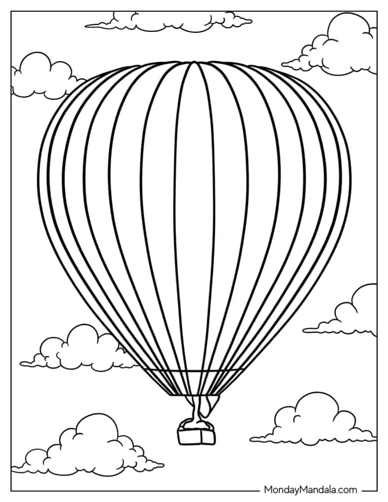 Large Hot Air Balloon Floating In Clouds coloring page