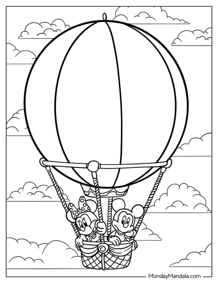 Minnie And Mickey Hot Air Balloon To Color coloring page — printable line art
