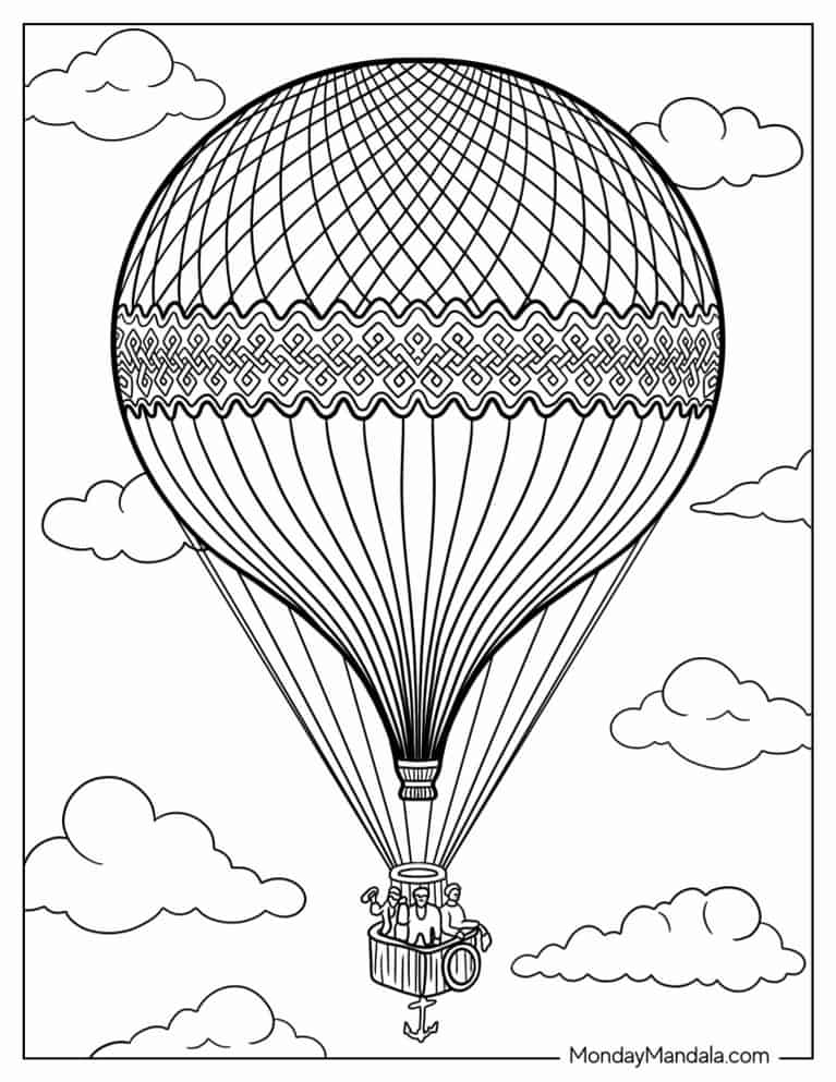 Olden Day Hot Air Balloon coloring page — printable line art