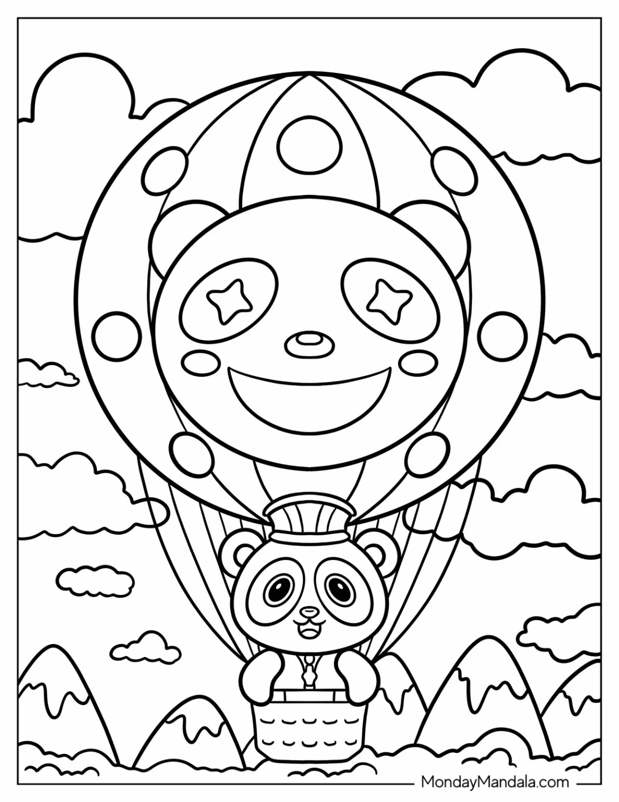 Panda Flying Hot Air Balloon Coloring Page Over Mountains For Kids coloring page — printable line art
