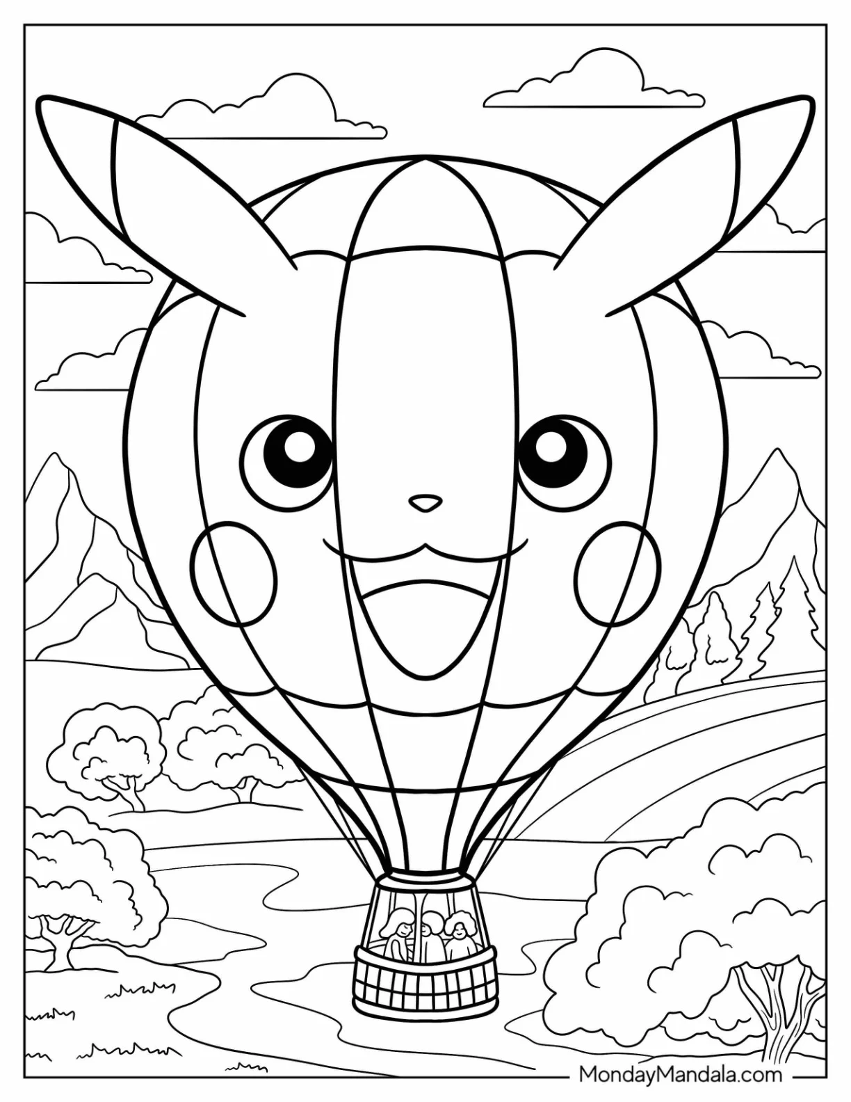 Pikachu Hot Air Balloon Coloring Page Floating Over Scenic Landscape For Kids coloring page — printable line art