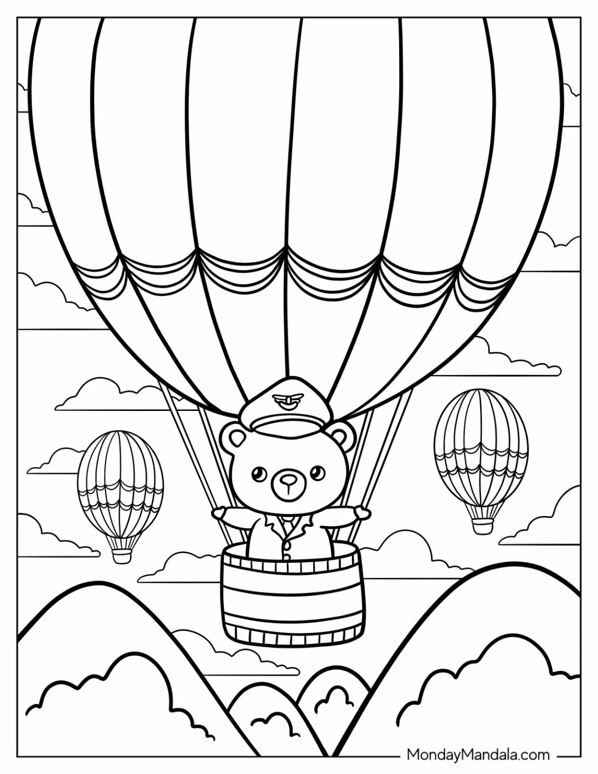 Pilot Bear in Hot Air Balloon Coloring Page Over Hills coloring page — printable line art