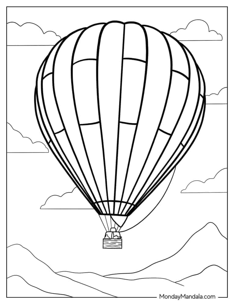 Realistic Outline Of a Hot Air Balloon coloring page — printable line art