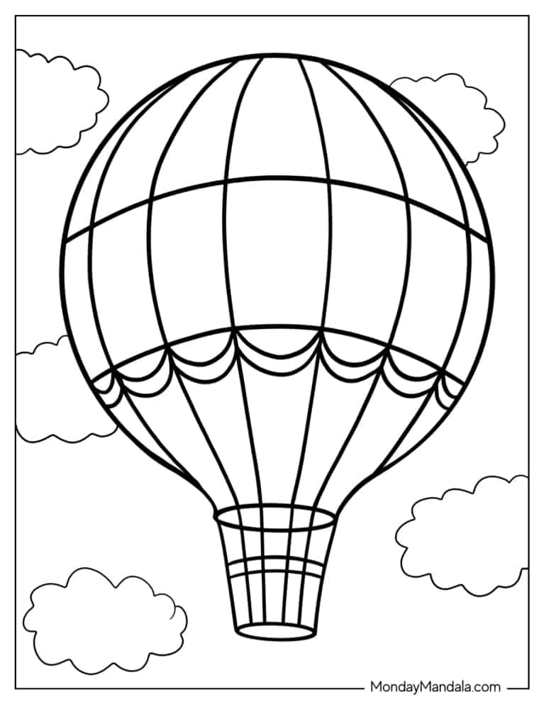 Retro Designed Hot Air Balloon coloring page — printable line art