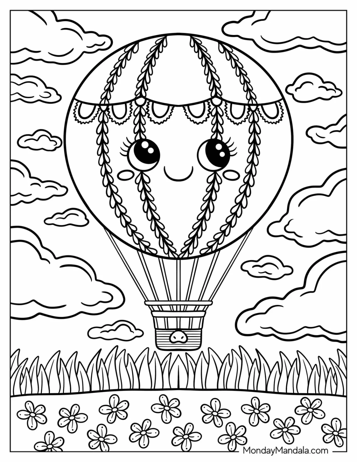 Smiling Hot Air Balloon Coloring Page Over Flower Field For Kids coloring page