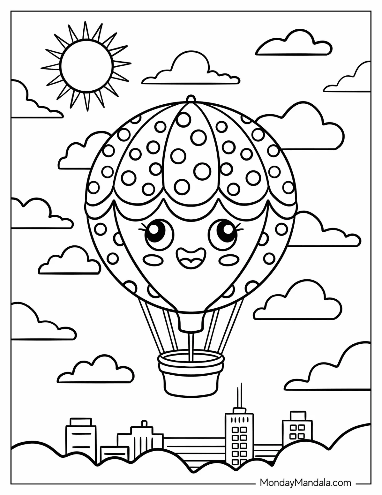 Smiling Polka Dot Hot Air Balloon Coloring Page Over City For Kids coloring page