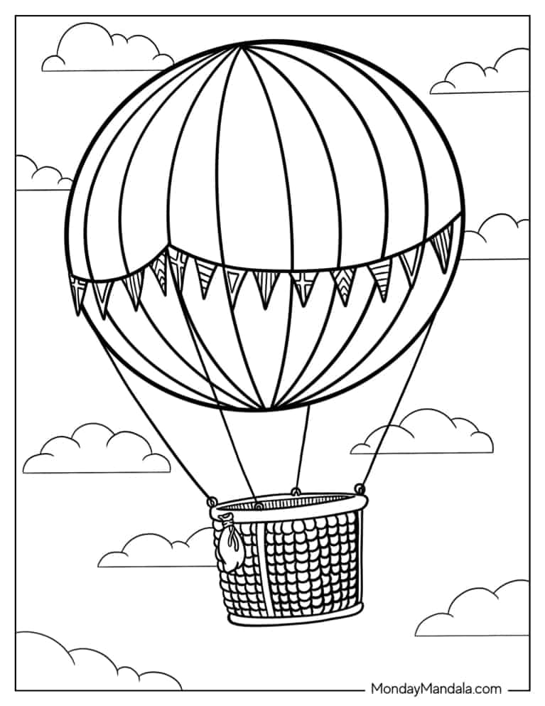 Sphere Shaped Hot Air Balloon With Basket coloring page — printable line art