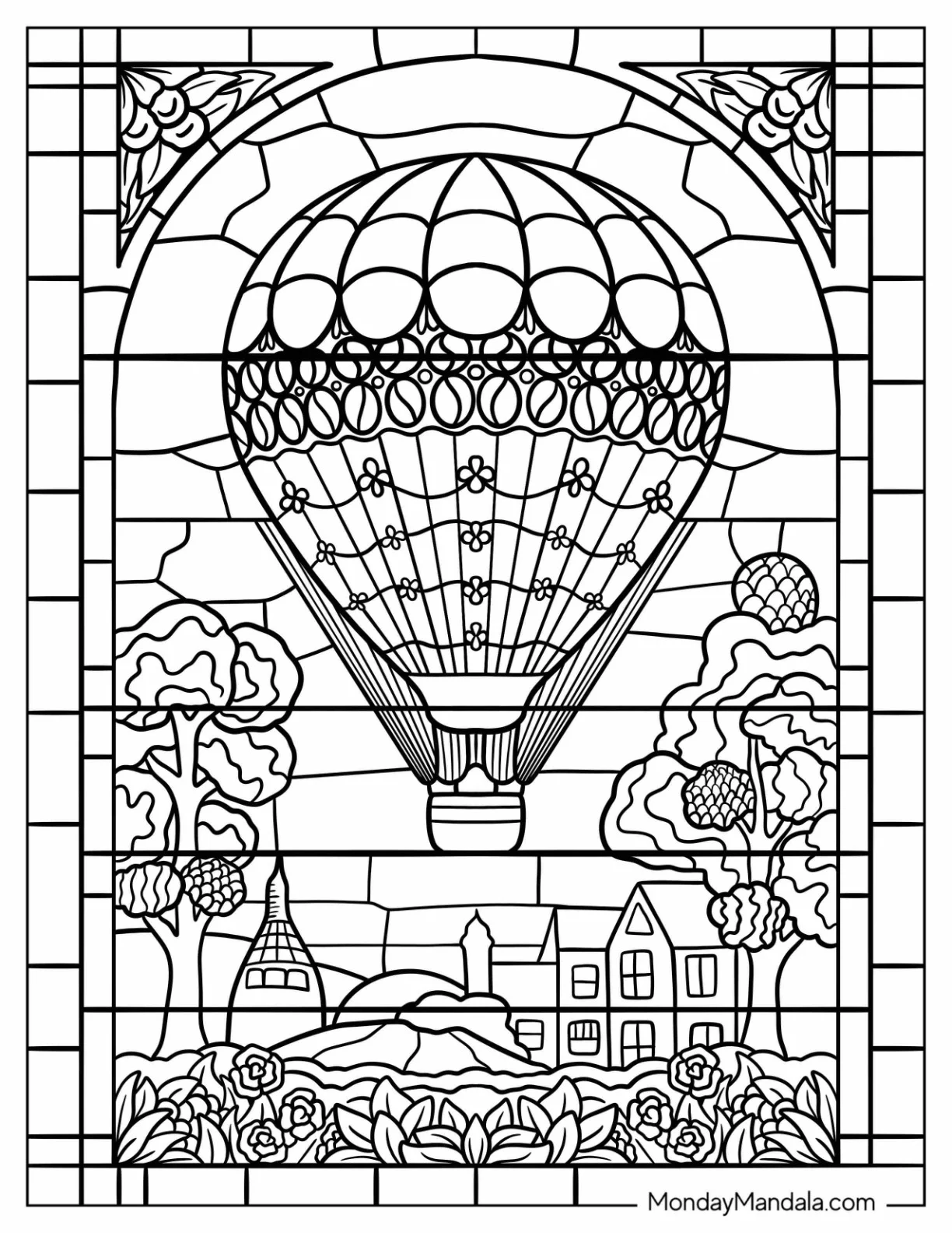 Stained Glass Hot Air Balloon Coloring Page Design with Floral Border coloring page — printable line art