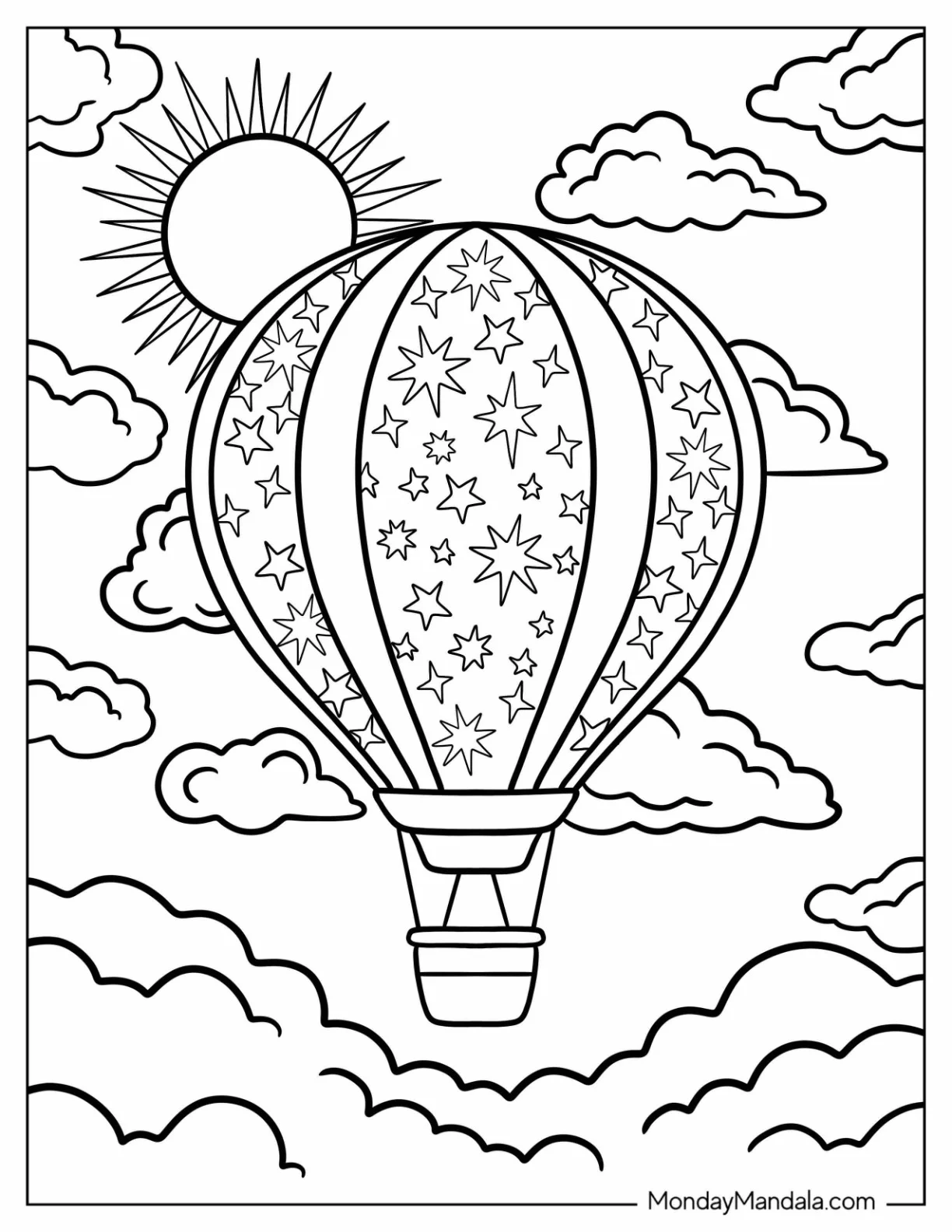 Star Patterned Hot Air Balloon Coloring Page In The Sky With Sun For Adults coloring page — printable line art