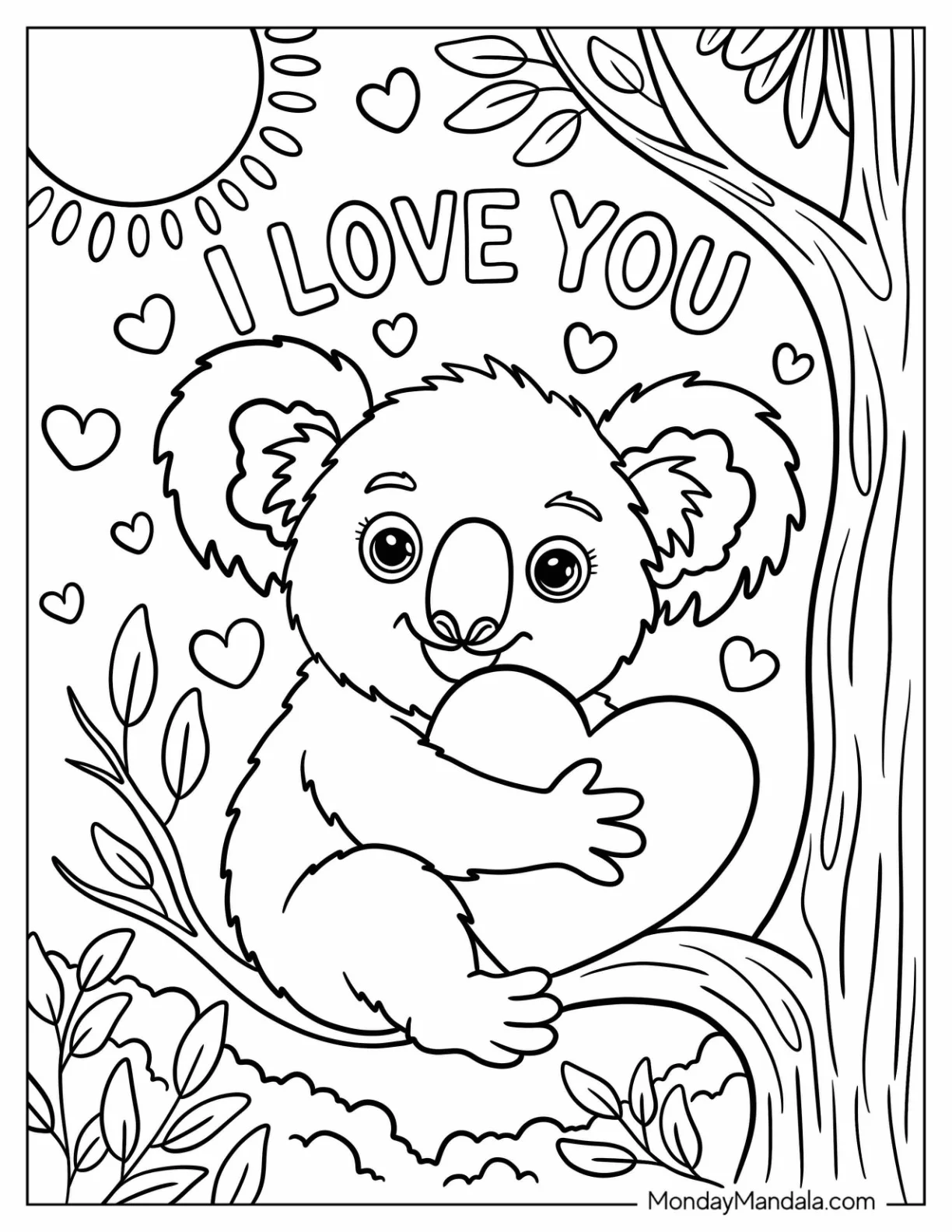 Adorable Koala Hugging a Heart with I Love You Coloring Page Text coloring page — printable line art