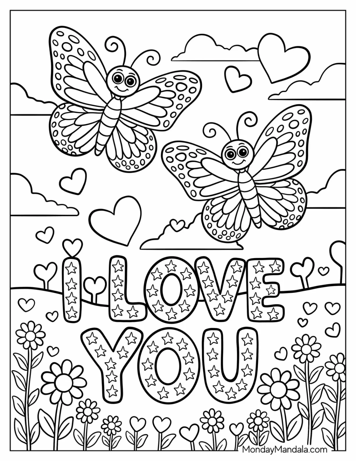 Butterflies Flying Above Flowers with I Love You Coloring Page Words coloring page — printable line art