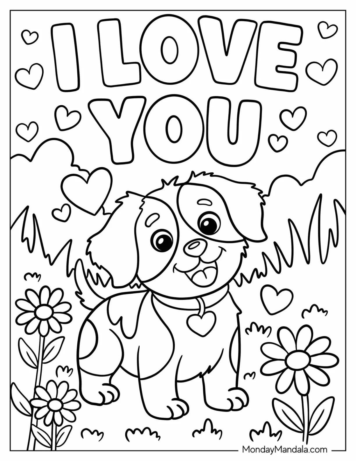 Cartoon Puppy in Meadow with I Love You Coloring Page For Kids coloring page — printable line art