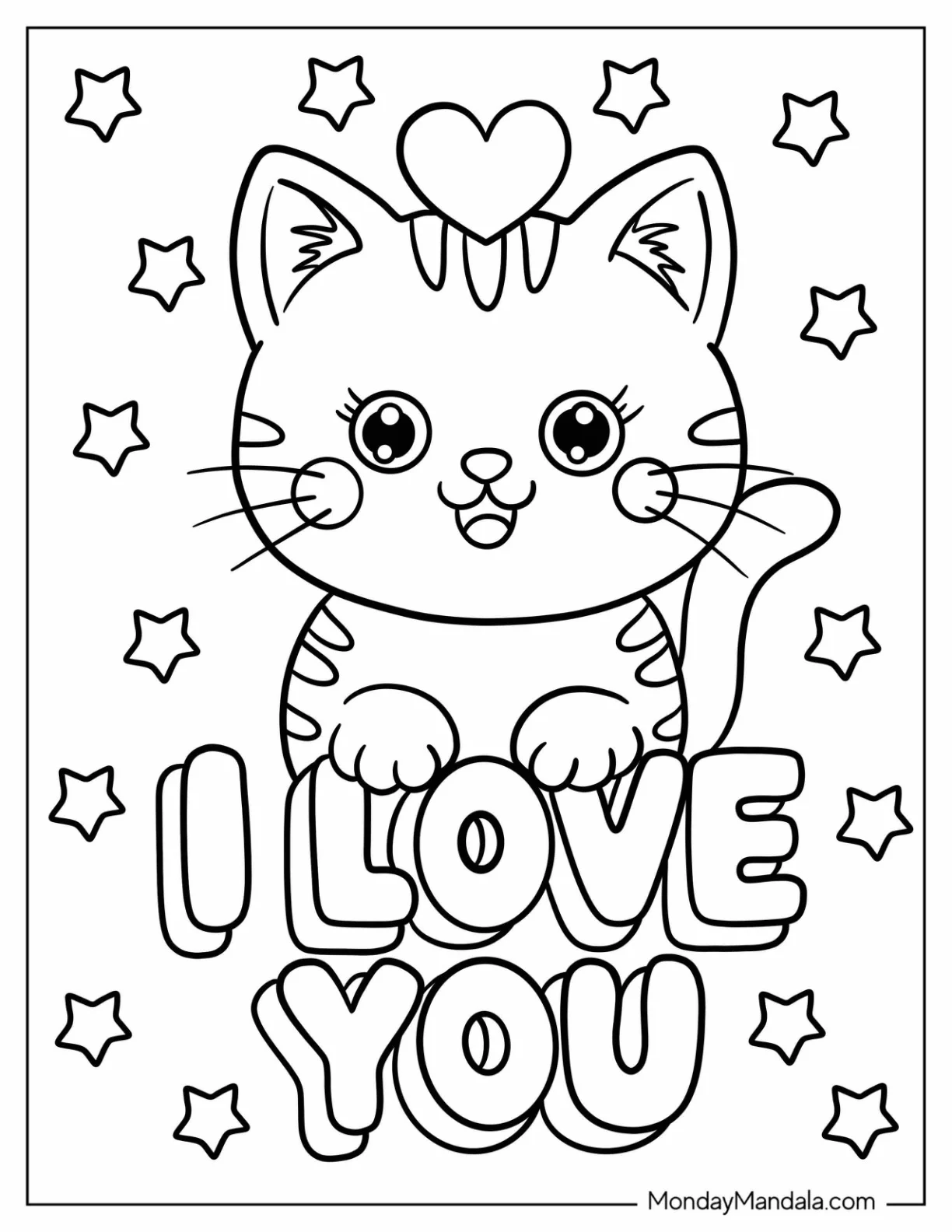 Cheerful Cat with Big Eyes, Raised Paws, and Floating Stars Holding I Love You Coloring Page coloring page — printable line art