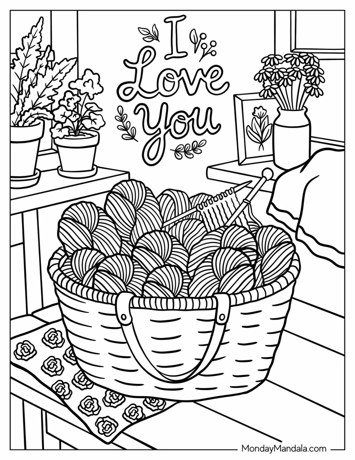 Cozy I Love You Basket of Yarn coloring page — printable line art