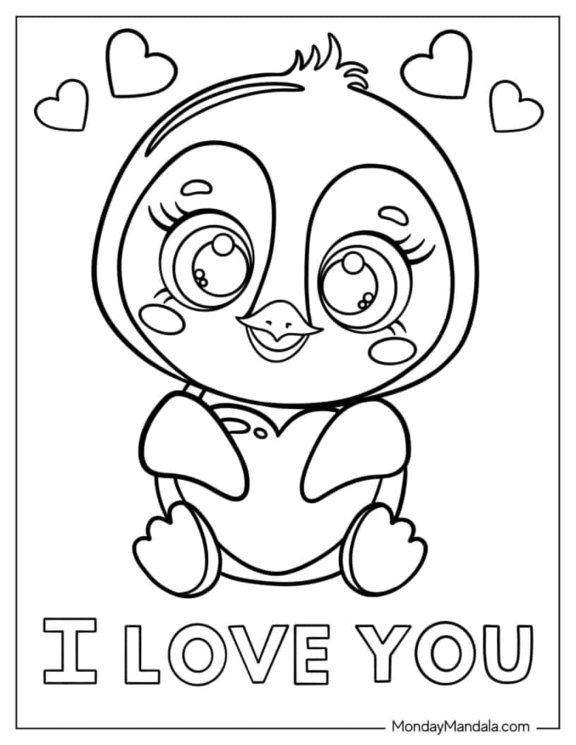 Cute I Love You Penguin To Color coloring page