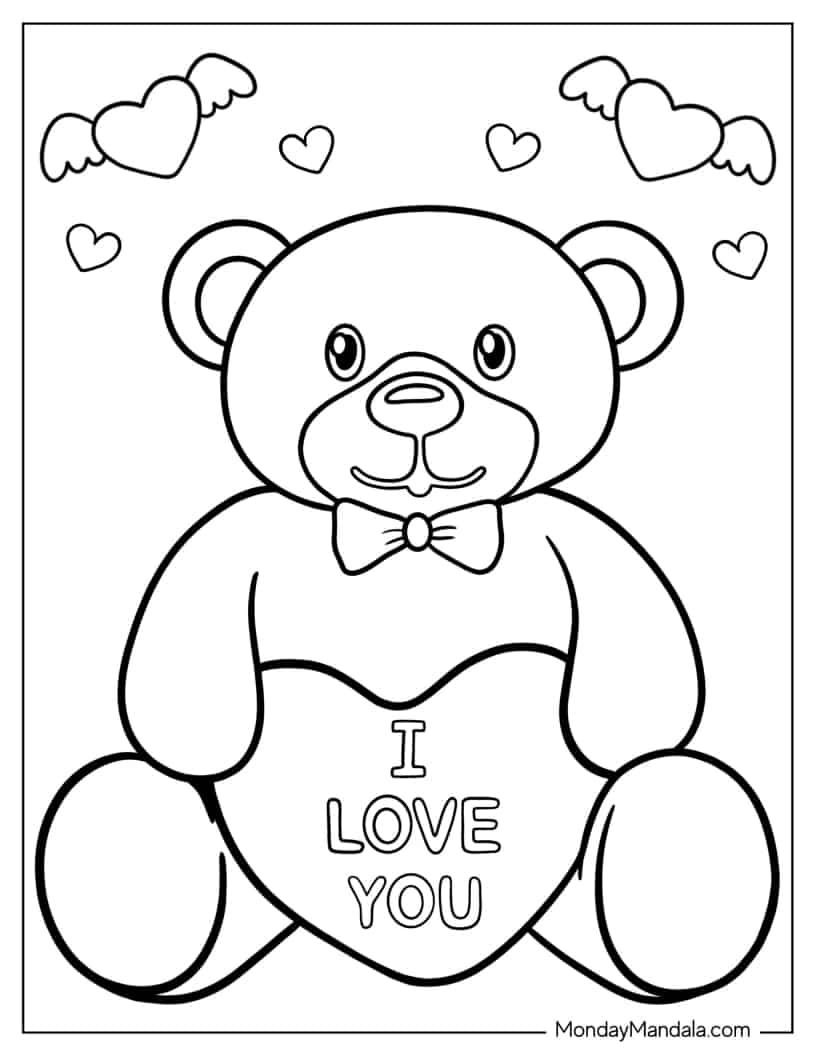 Cute Teddy Holding Heart With I Love You coloring page