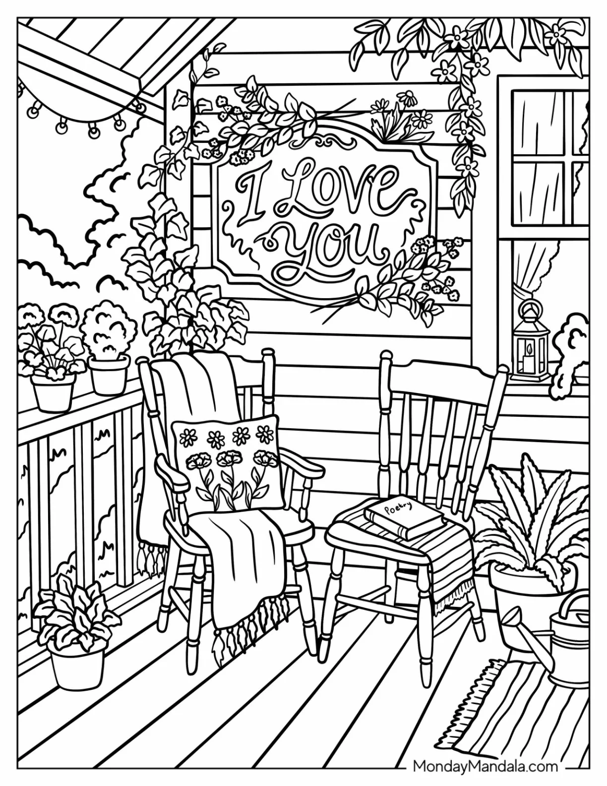 Floral I Love You with Cozy Chairs on Front Porch Coloring Sheet coloring page — printable line art