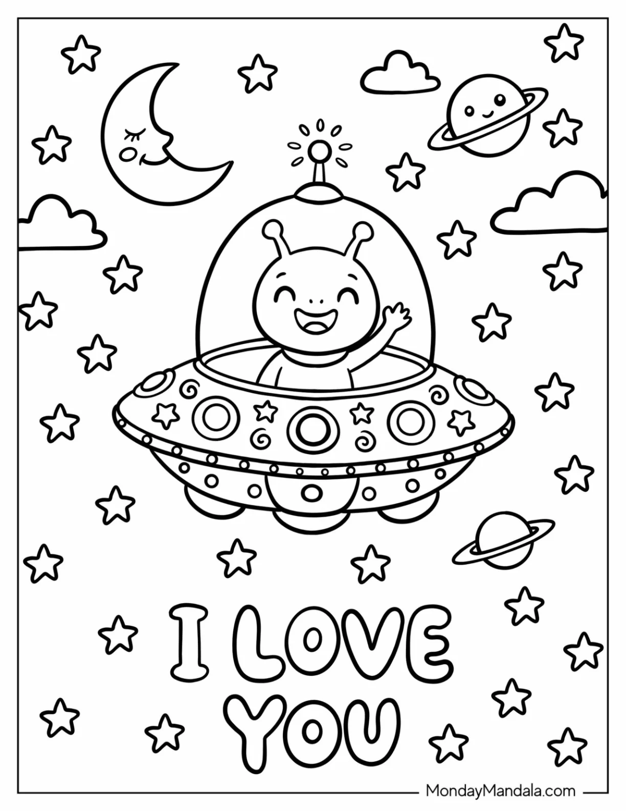 I Love You Alien Flying a UFO Coloring Sheet coloring page