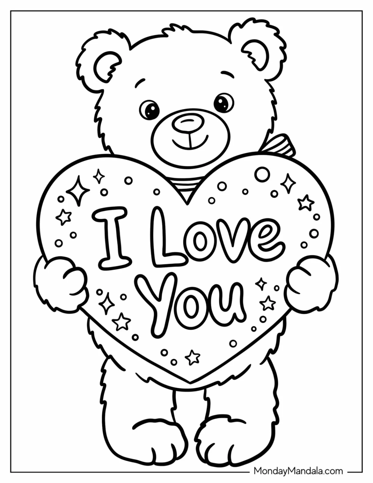I Love You Bear Holding a Heart Sign Coloring Page for Kids coloring page — printable line art