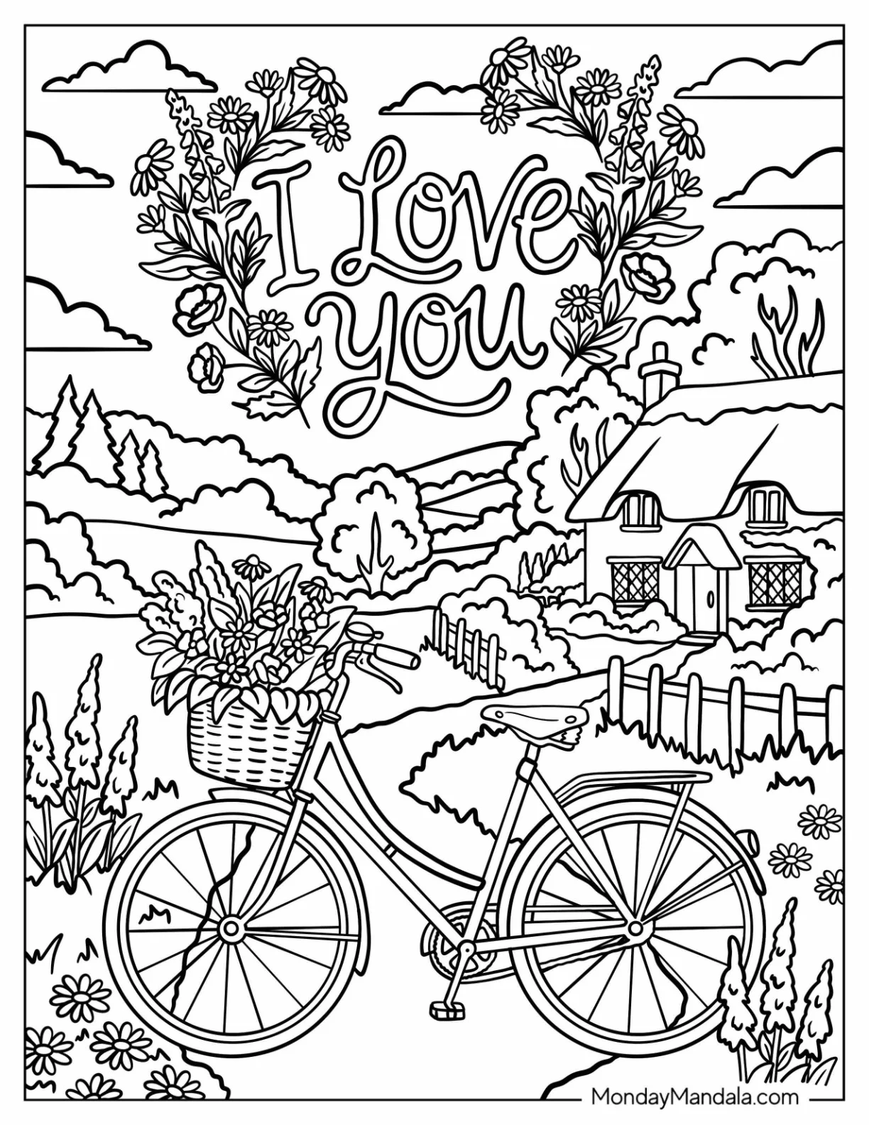 I Love You Bicycle with Flower Basket Coloring Page coloring page — printable line art