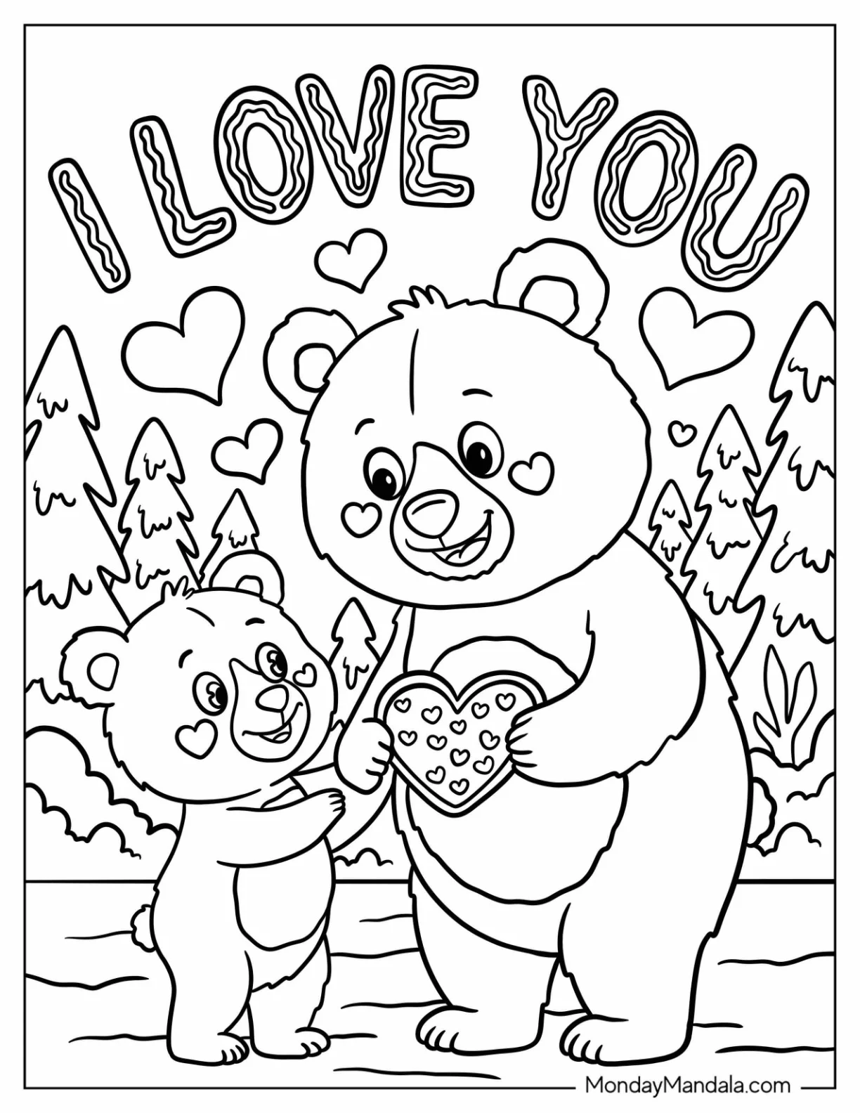 I Love You Coloring Page Bear Family Sharing a Heart Cookie For Kids coloring page — printable line art