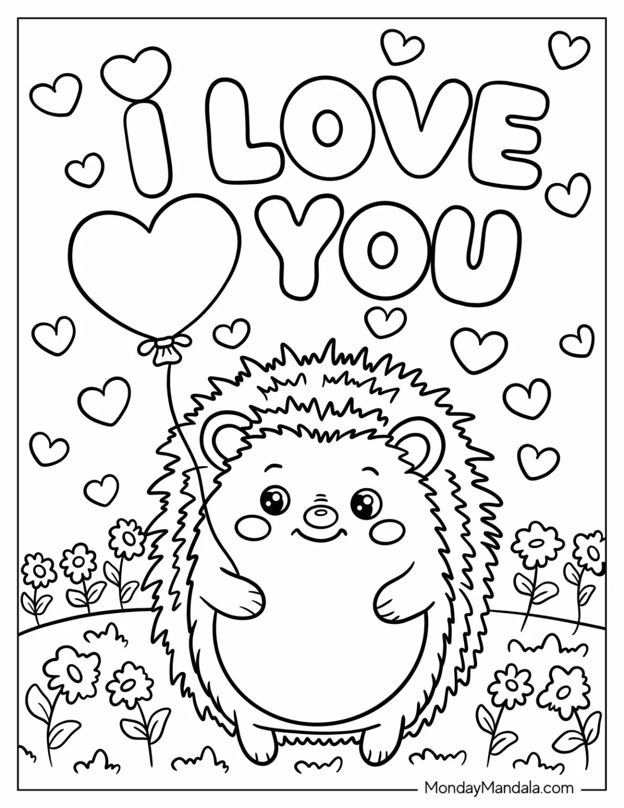 I Love You Coloring Page Cute Hedgehog Holding Heart Balloon in Flower Garden For Kids coloring page — printable line art