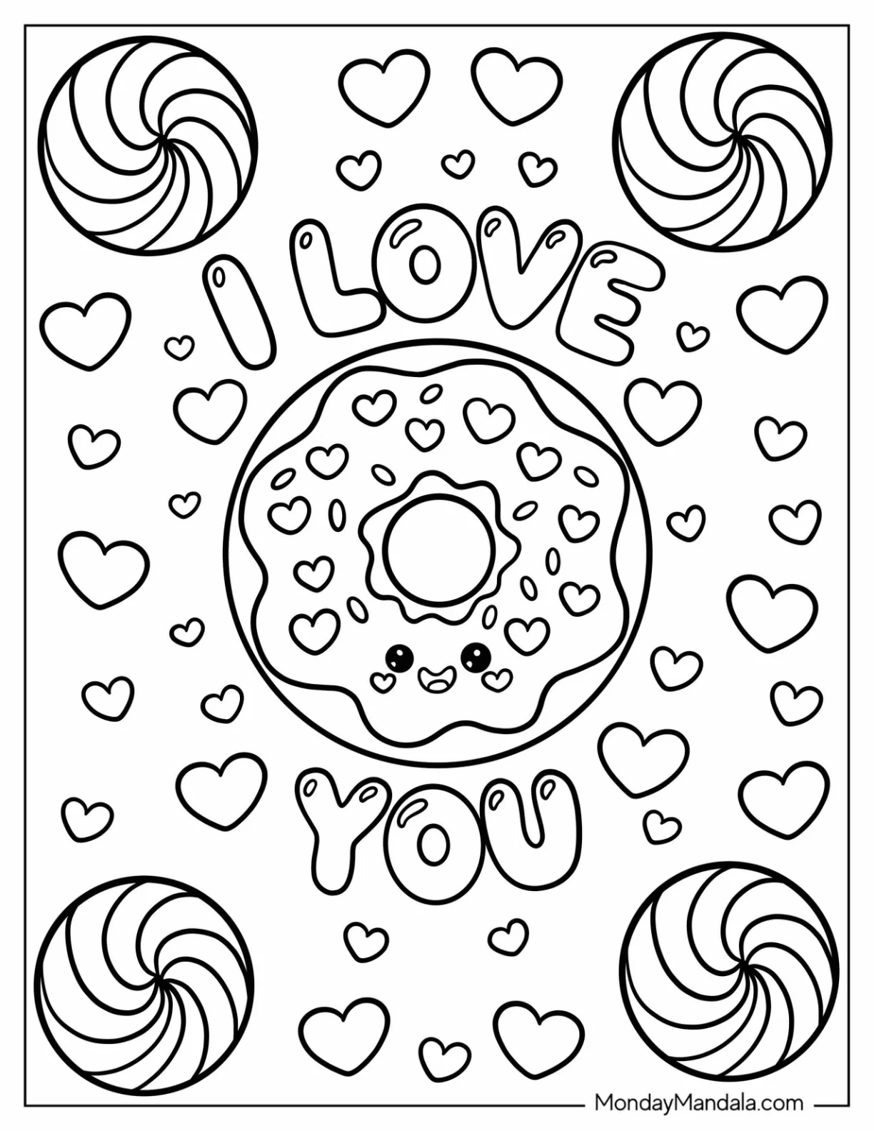 I Love You Coloring Page Happy Frosted Donut with Floating Hearts and Candy Spirals coloring page — printable line art