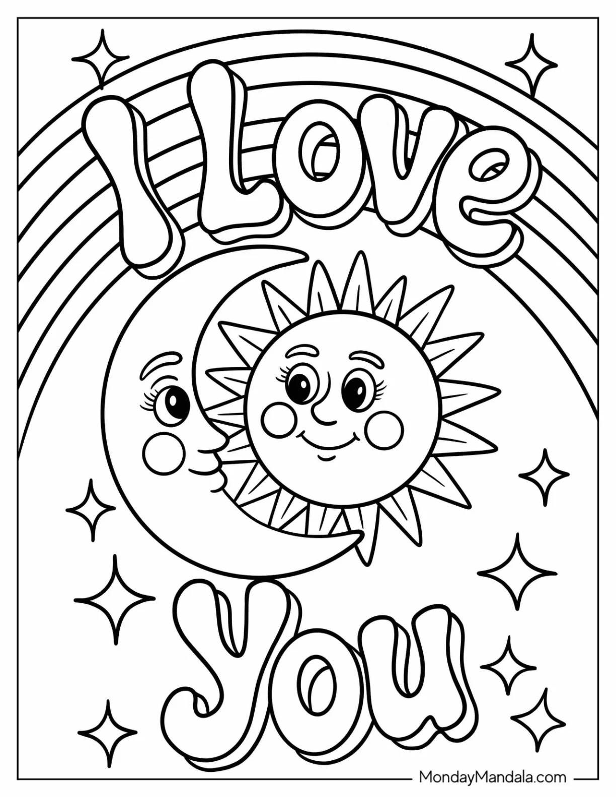 I Love You Coloring Page Kawaii Sun and Crescent Moon Surrounded by Stars and Rainbow For Kids coloring page — printable line art