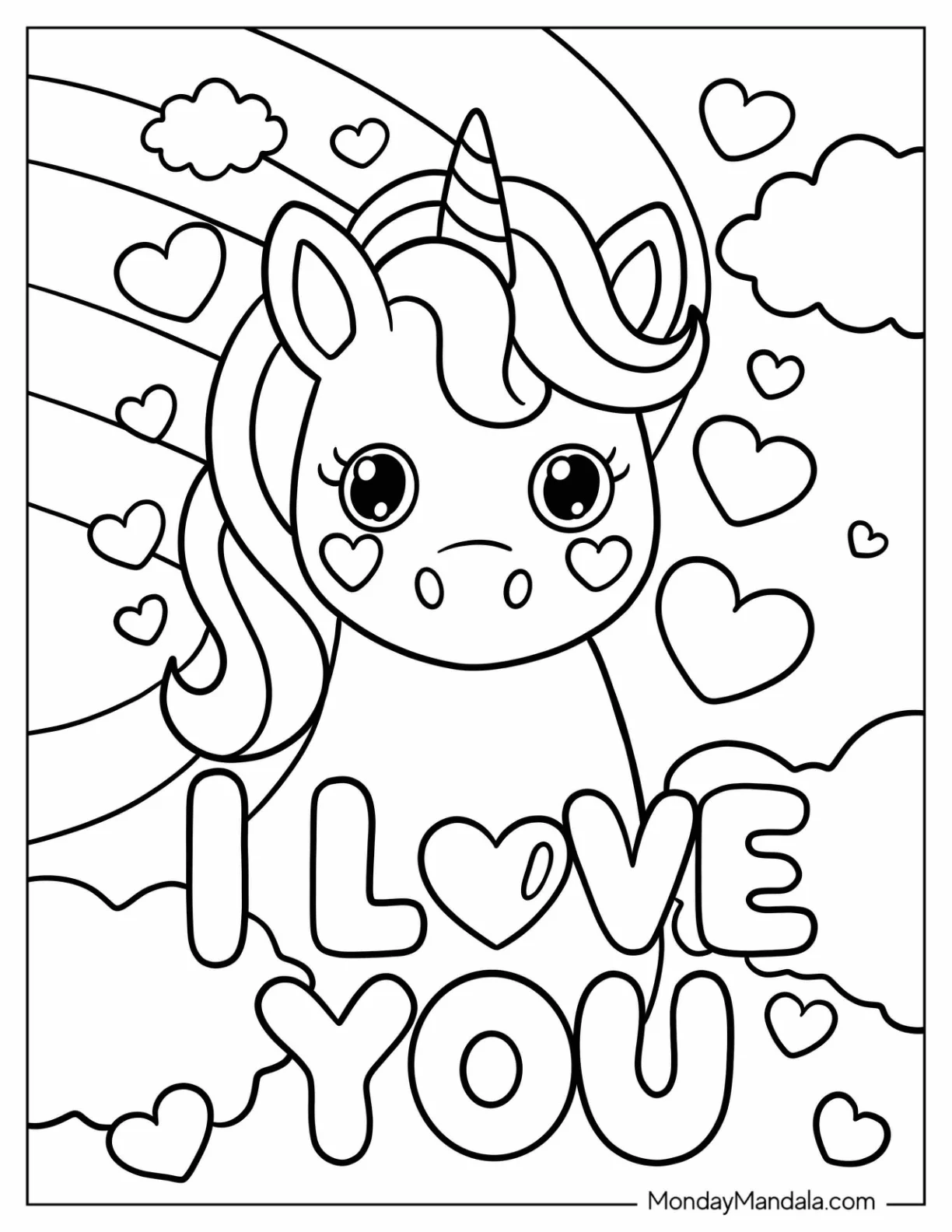 I Love You Coloring Page Magical Unicorn in the Sky with Sparkling Hearts for Kids For Preschoolers coloring page