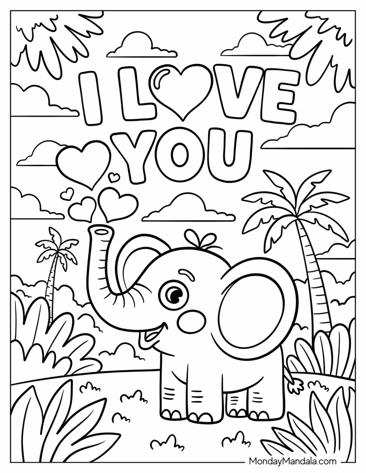 I Love You Coloring Page of Baby Elephant Blowing Heart Bubbles For Kids coloring page — printable line art