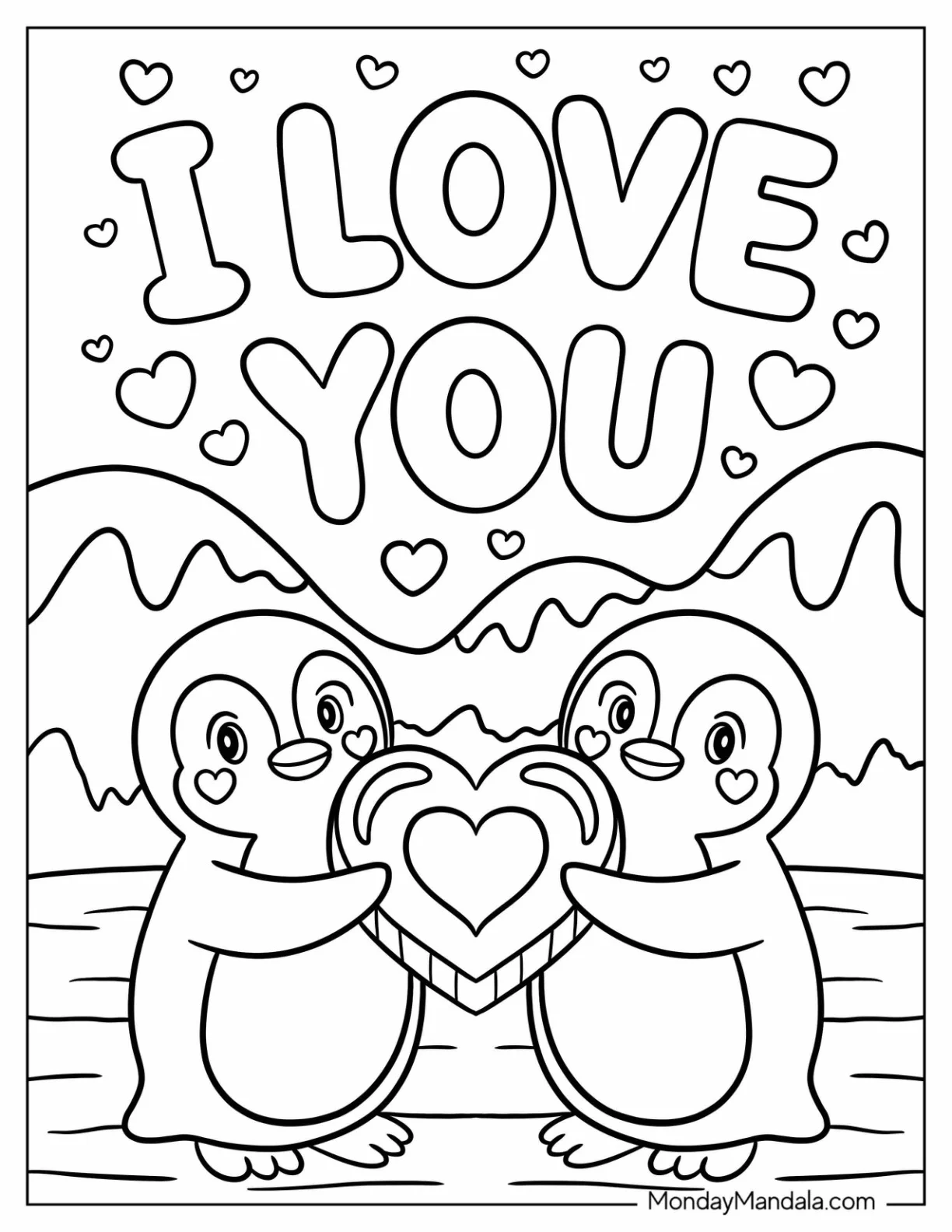 I Love You Coloring Page Penguin Couple Holding a Heart Gift in Arctic Landscape For Preschoolers coloring page — printable line art