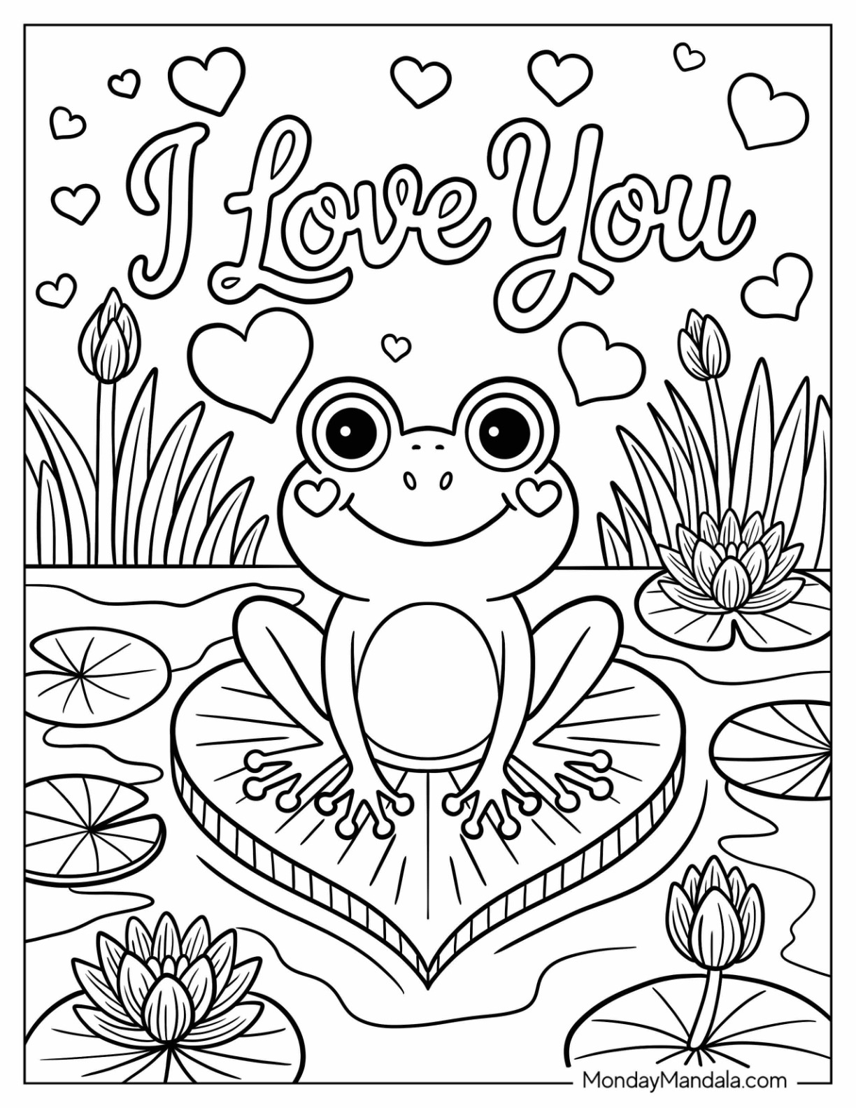 I Love You Coloring Page Smiling Frog on a Heart Shaped Lily Pad coloring page — printable line art