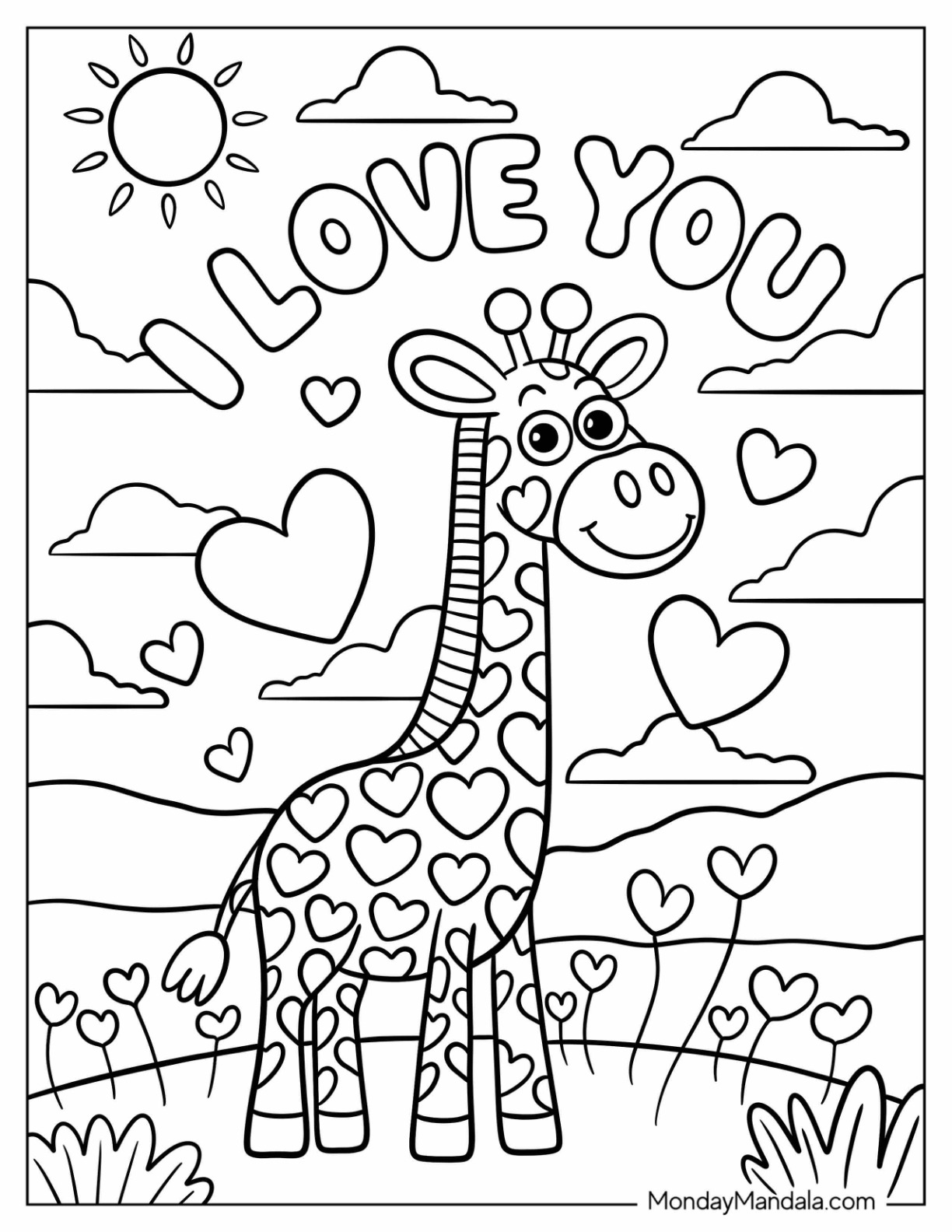 I Love You Coloring Page Smiling Giraffe with Heart Spots in Sunny Meadow For Kids coloring page — printable line art