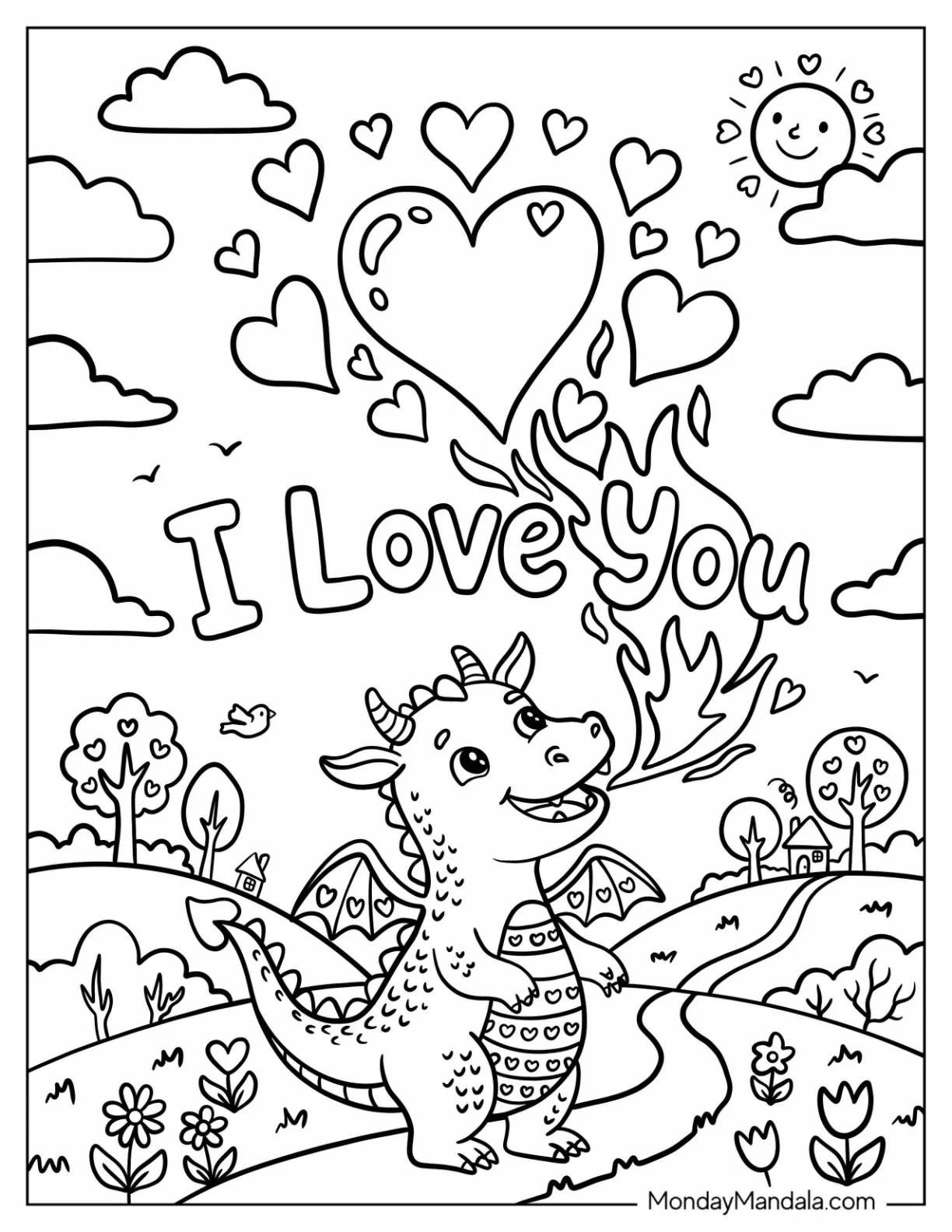 I Love You Dragon Breathing Heart Fire Coloring Page coloring page — printable line art