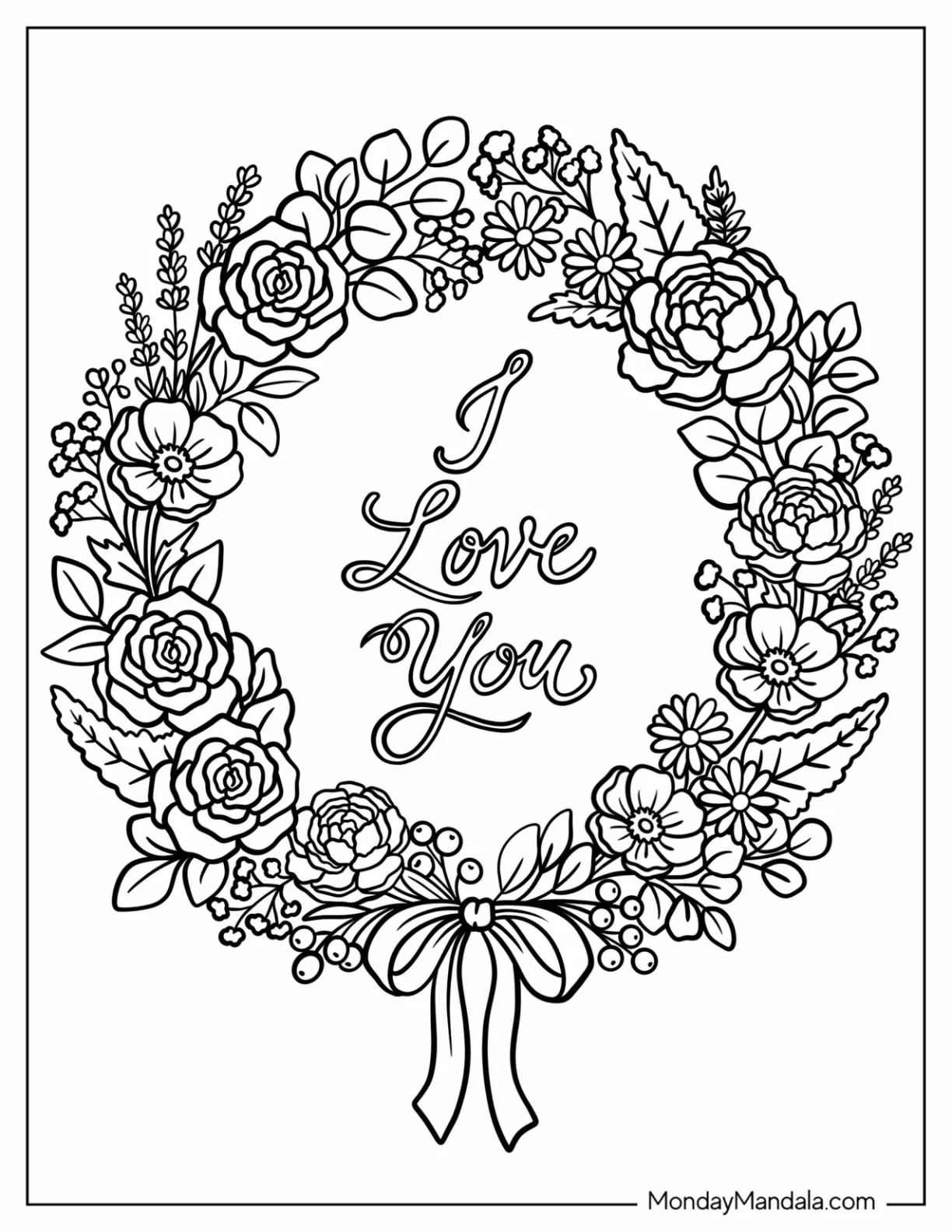 I Love You Floral Wreath Coloring Sheet coloring page — printable line art