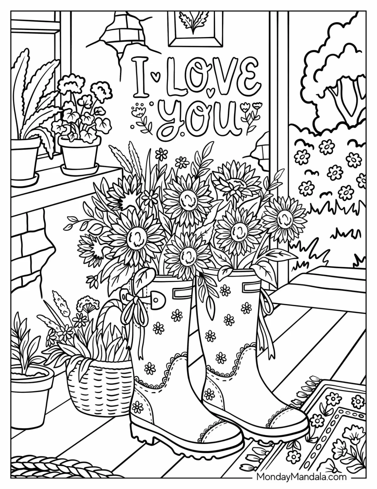 I Love You Flower Boots on a Garden Porch Coloring Page coloring page — printable line art