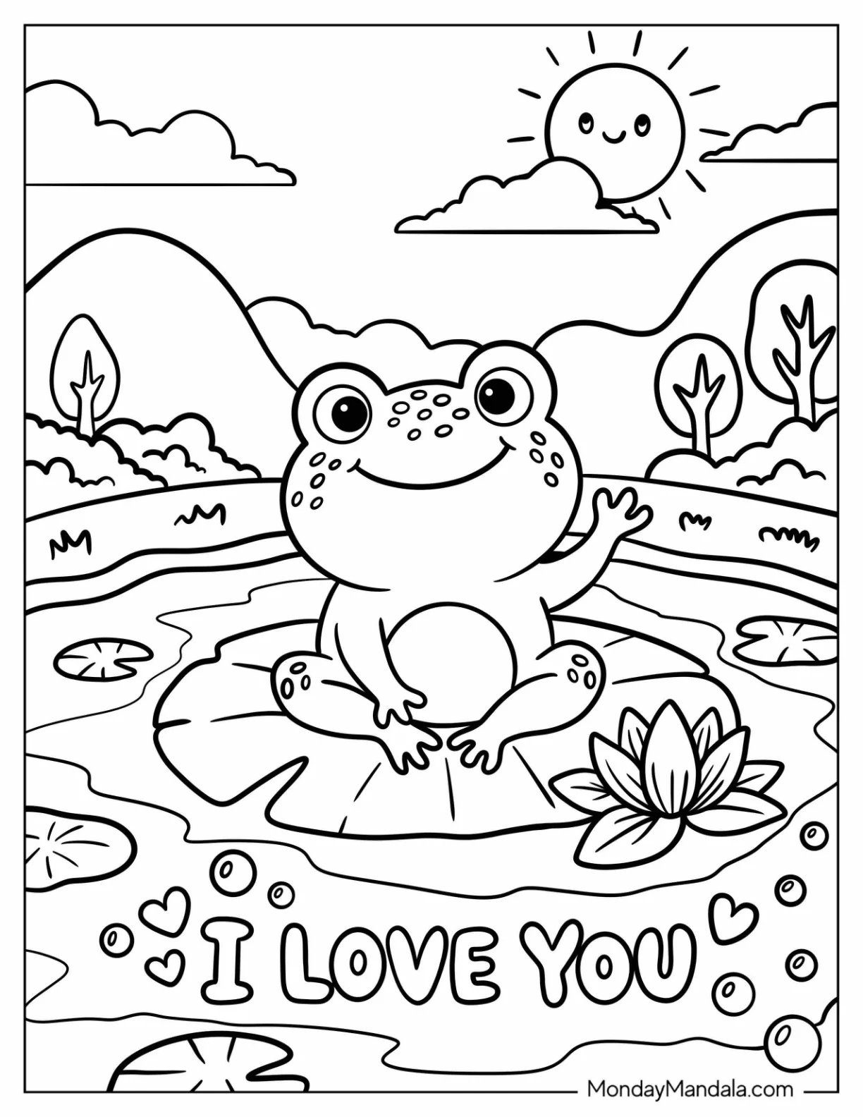 I Love You Frog Sitting on a Lily Pad Coloring Sheet for Kids coloring page — printable line art