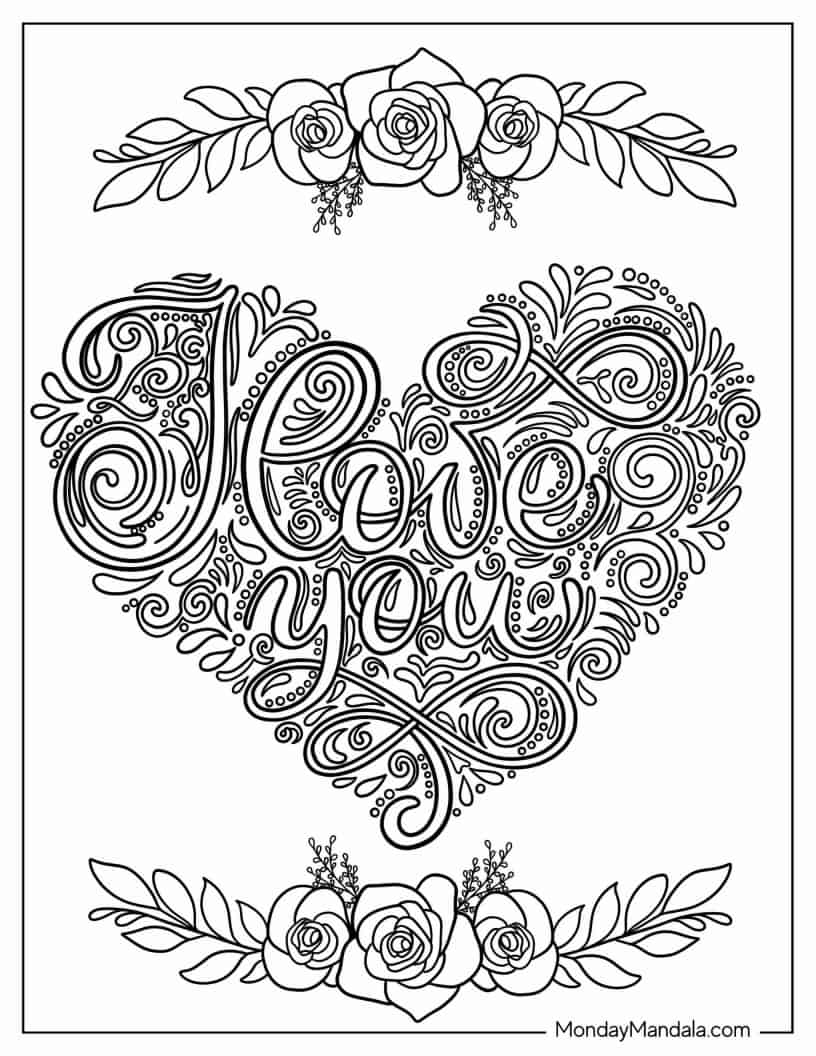 I Love You Heart With Detailed Design coloring page — printable line art