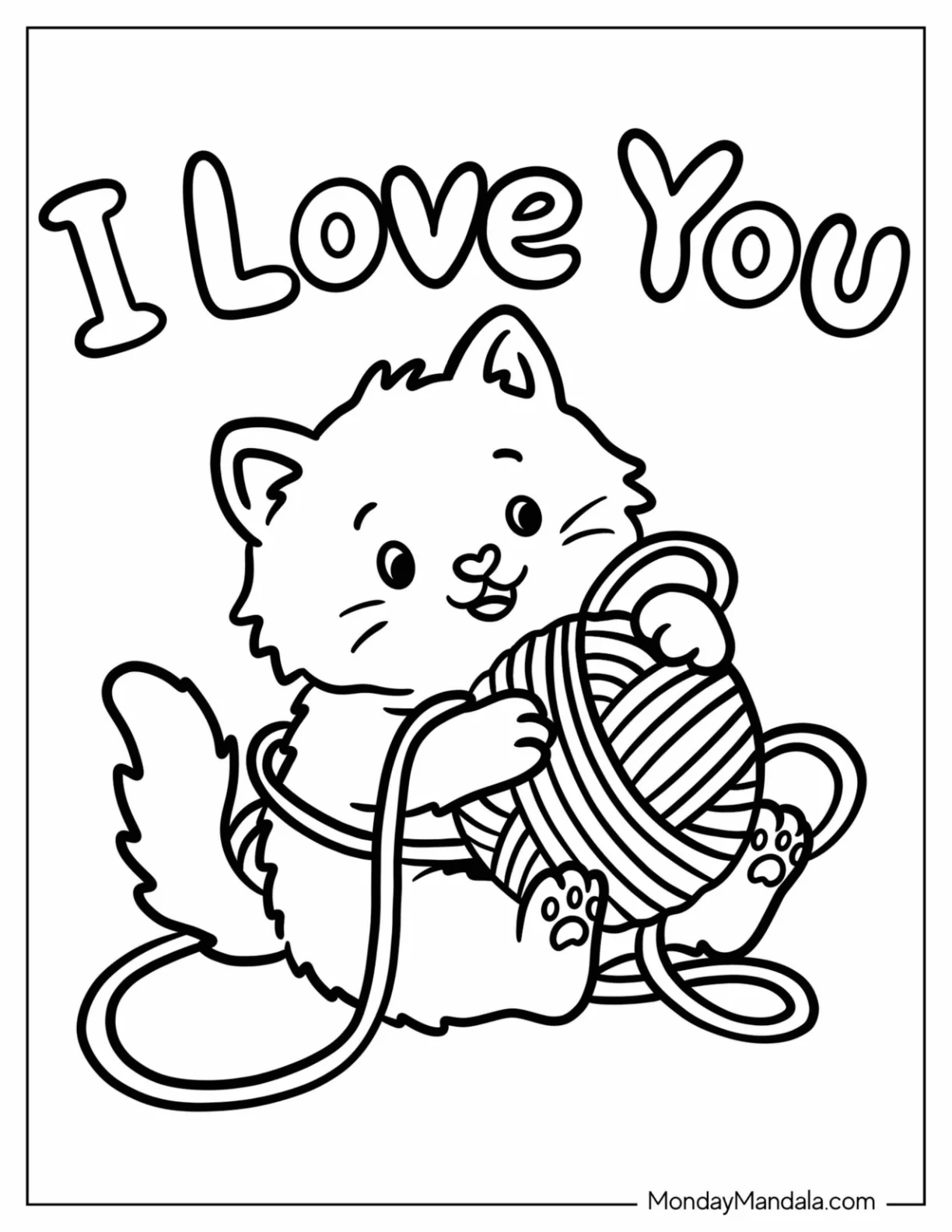 I Love You Kitten Playing with Yarn Coloring Page coloring page