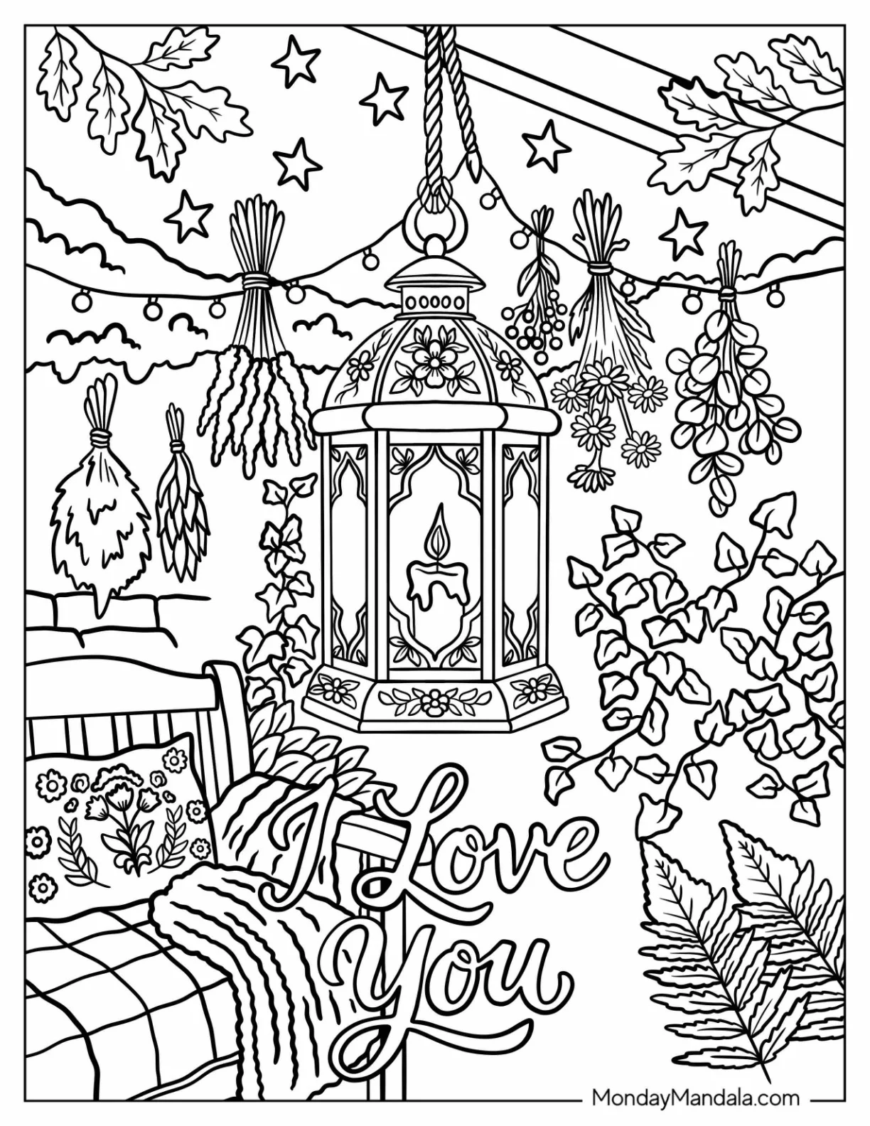 I Love You Lantern with Hanging Herbs Coloring Page coloring page — printable line art