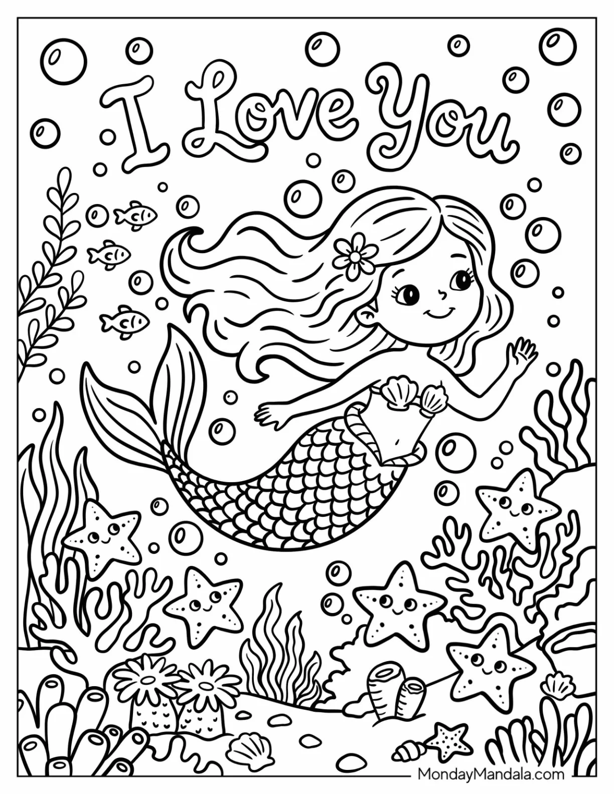 I Love You Mermaid Swimming with Sea Stars Coloring Page coloring page — printable line art
