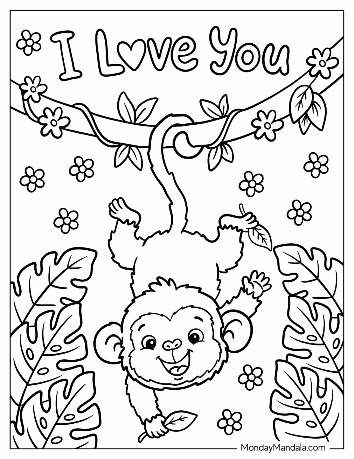 I Love You Monkey Hanging from a Branch Coloring Page for Kids coloring page — printable line art
