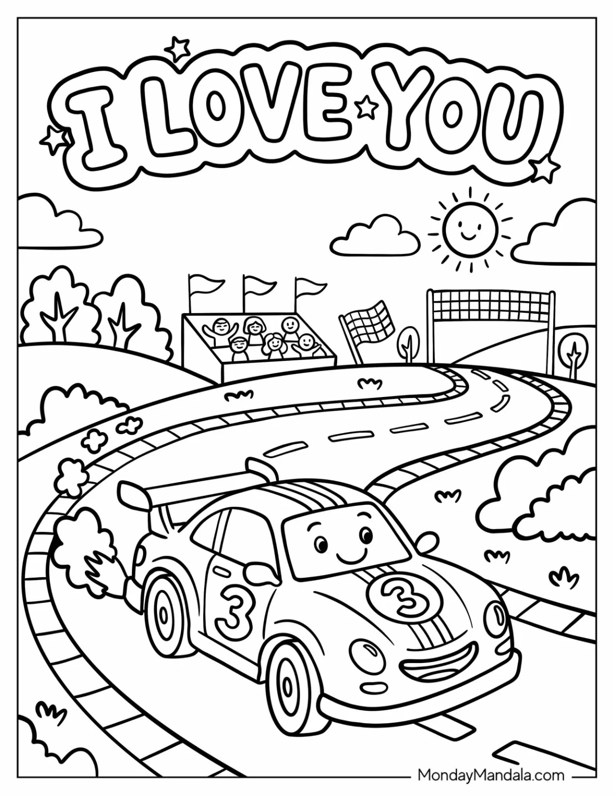 I Love You Race Car on a Track Coloring Sheet for Kids coloring page — printable line art