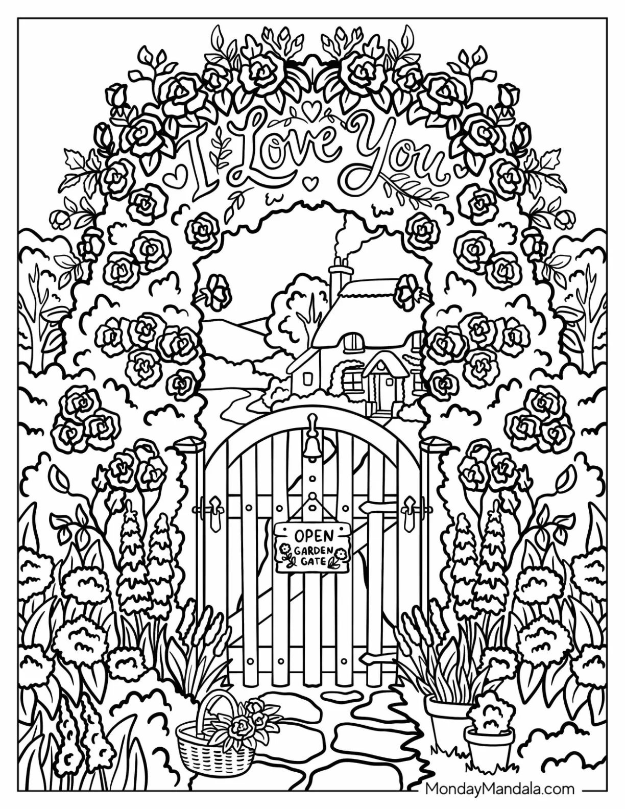 I Love You Rose Garden Gate Coloring Page coloring page — printable line art
