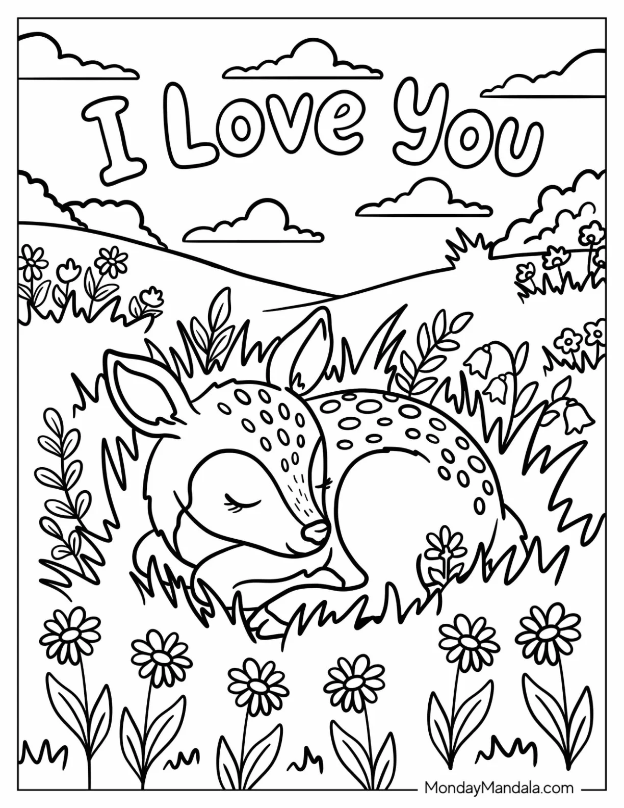 I Love You Sleeping Deer in a Flower Meadow Coloring Page coloring page