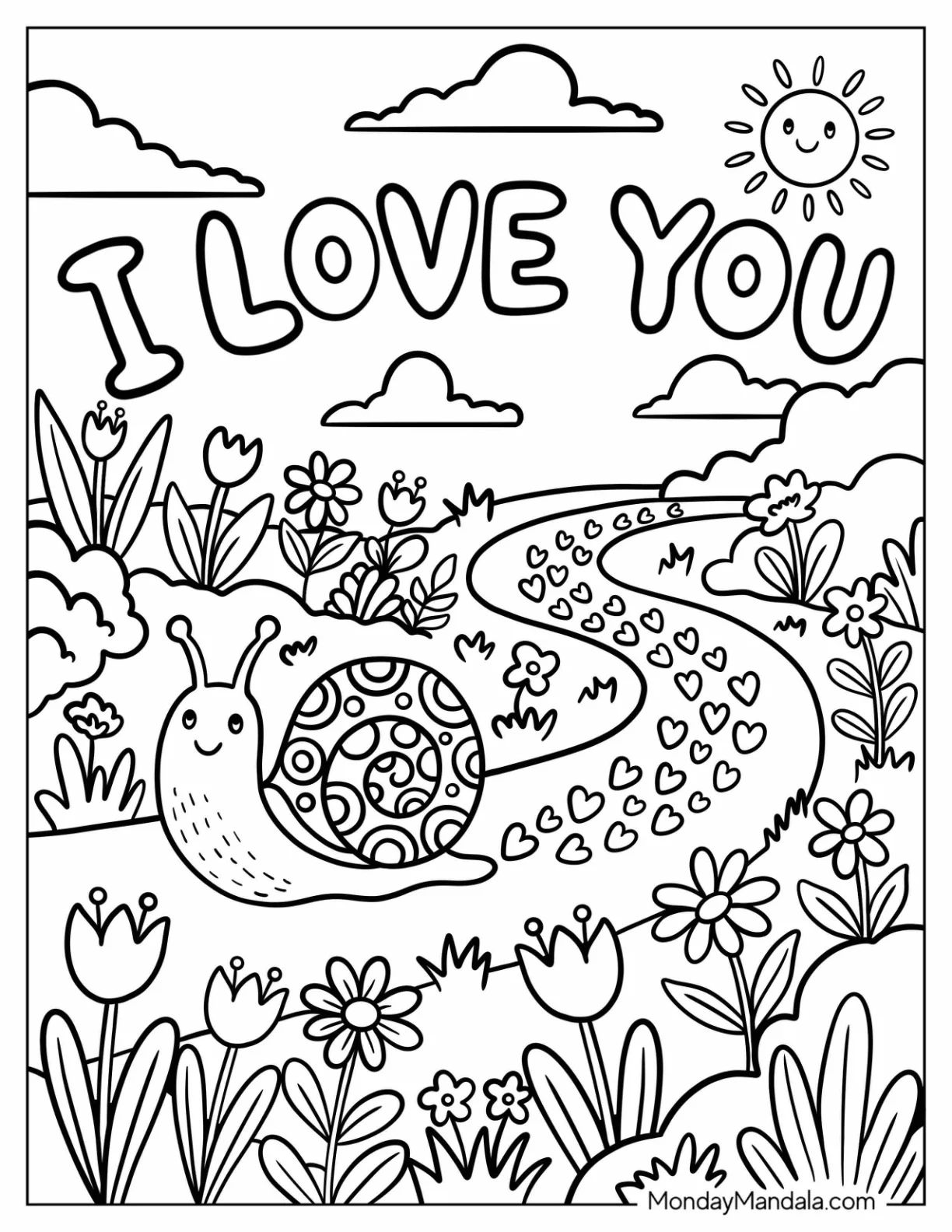I Love You Snail Leaving a Heart Trail Coloring Sheet coloring page